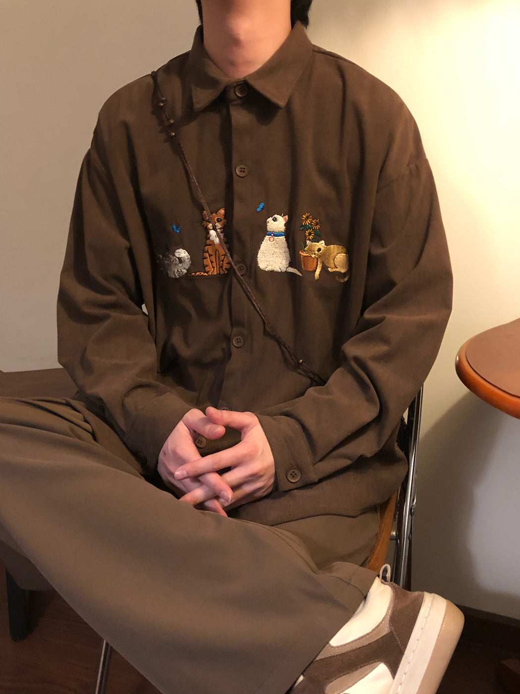 Cute Cat Long Sleeve Button-Up