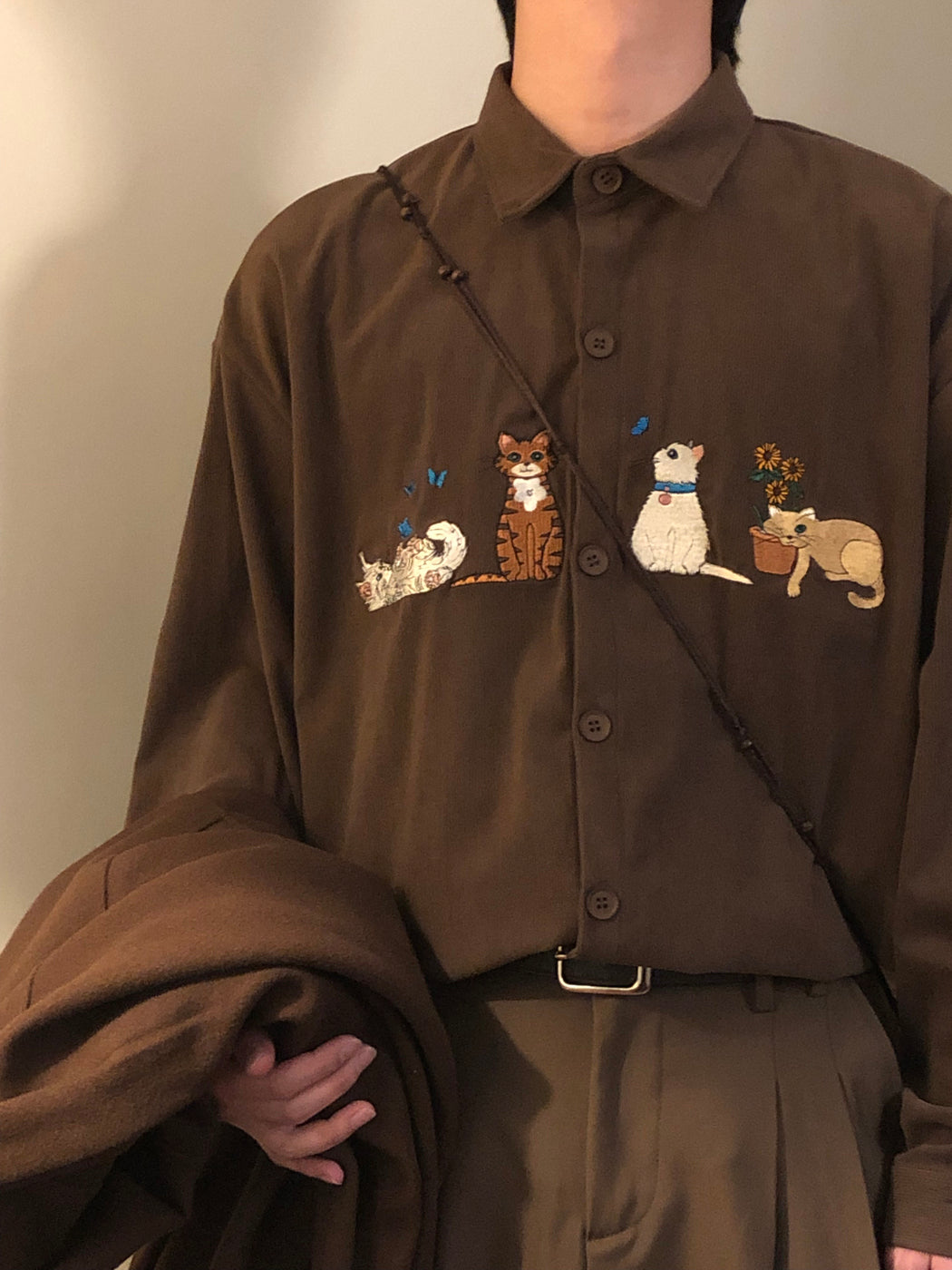 Cute Cat Long Sleeve Button-Up