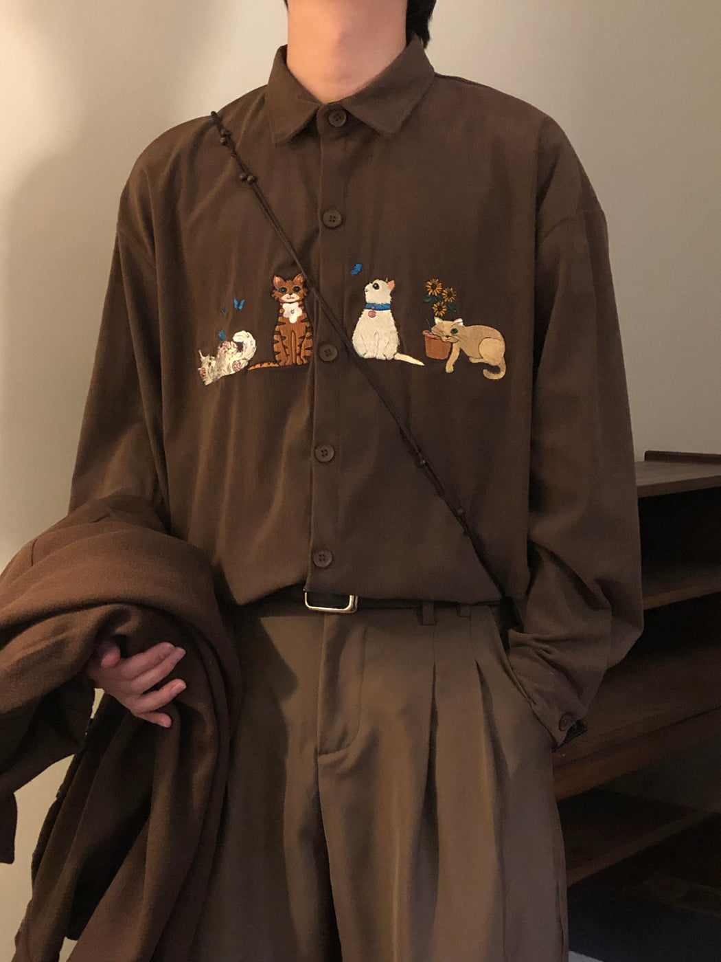 Cute Cat Long Sleeve Button-Up