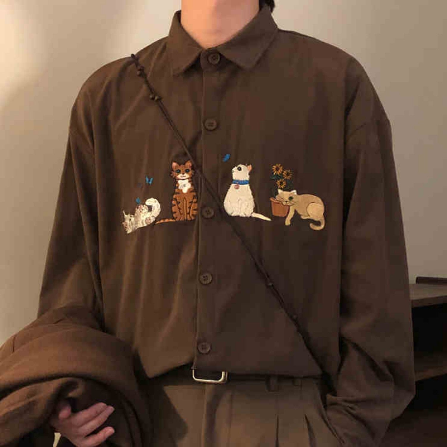 Cute Cat Long Sleeve Button-Up